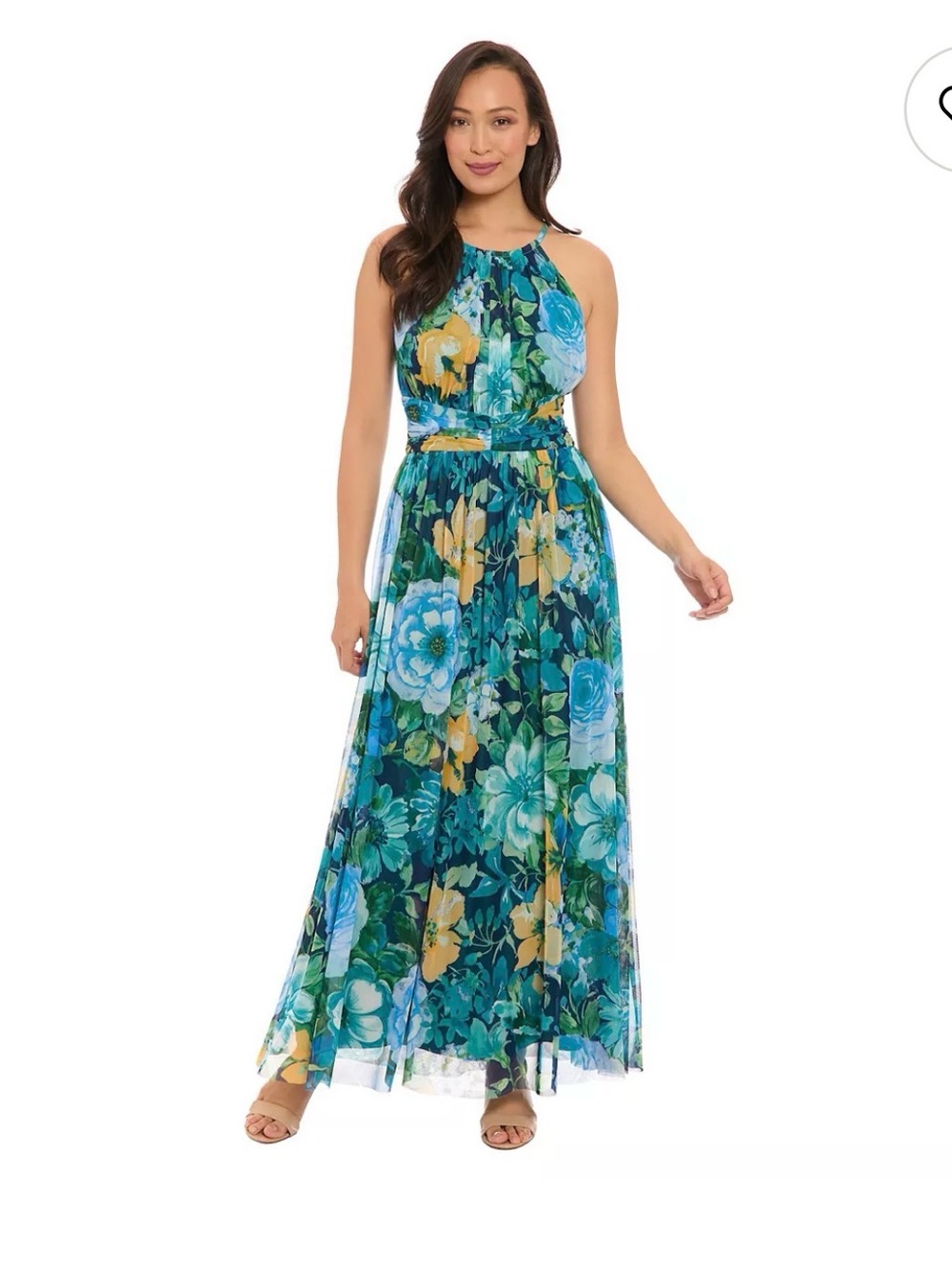 London Times Floral Halter Maxi Dress in Teal, Blue & Yellow